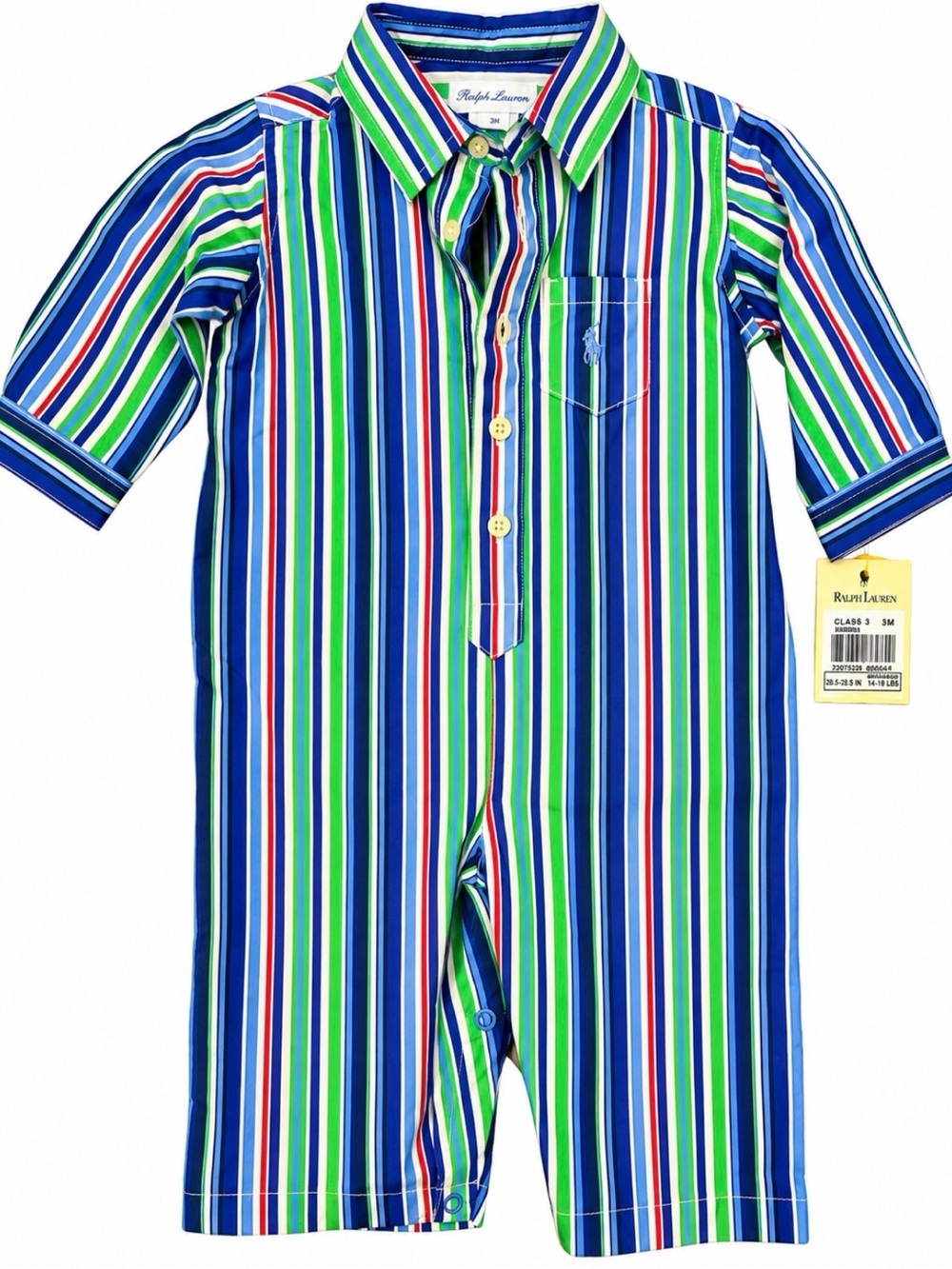 Ralph Lauren Blue, Green & White Striped Polo Romper Pajama